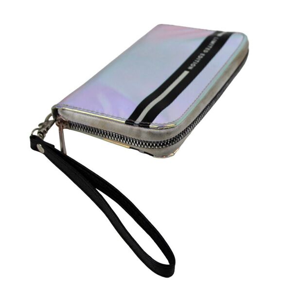 LIMITED EDITION MIRROR SILVER PVC ZIPPER CLUTCH WALLET ID CARD WRISTLET PURSE - Picture 3 of 10
